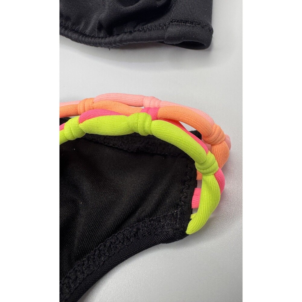 Victoria's Secret Black Hot Pink Orange Yellow NEON Strappy Cheeky Swim Set Med - Picture 8 of 16
